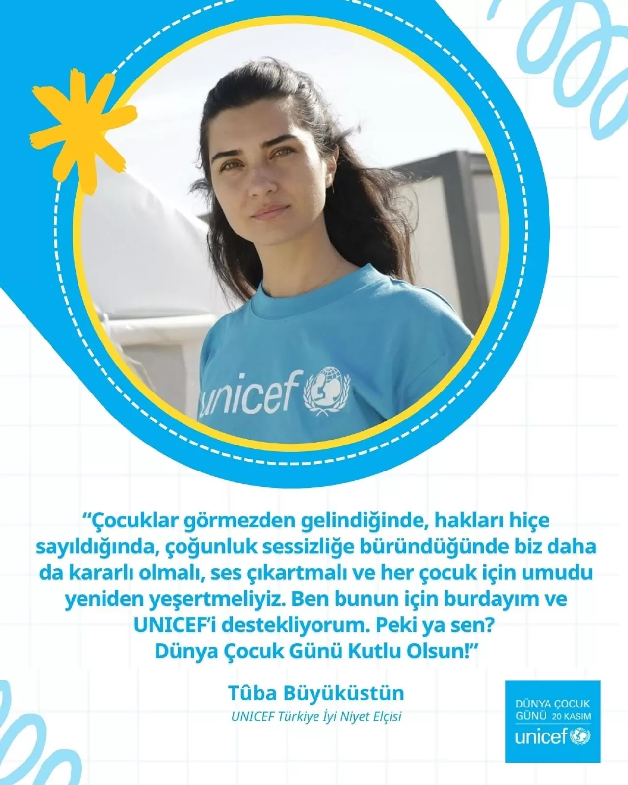 Tuba Büyüküstün, Dünya Çocuk Günü'nde UNICEF İçin Mesaj Verdi
