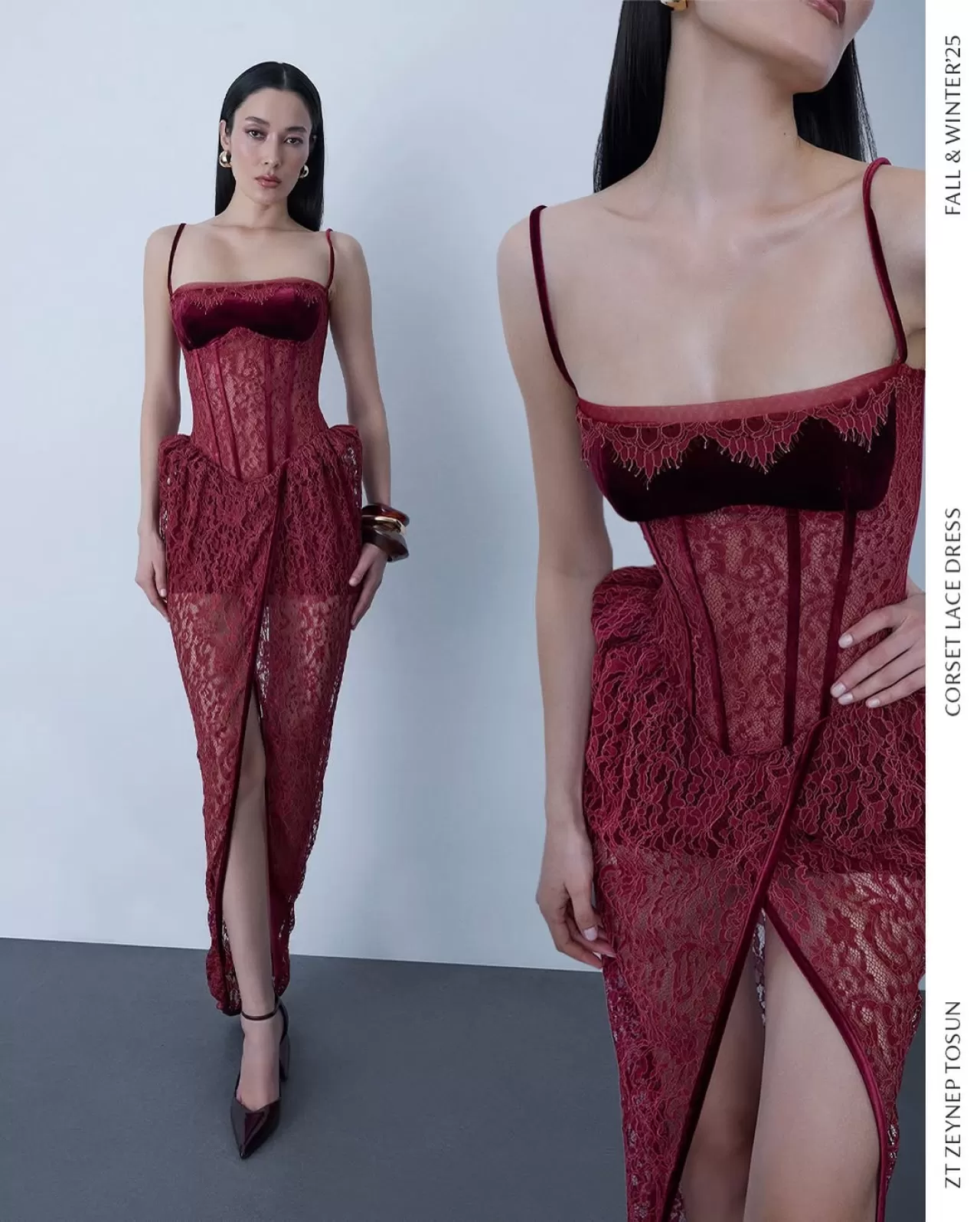 Tasarımcı Zeynep Tosun'dan Burgu Kadife ve Dantel Detaylı Korse Elbise