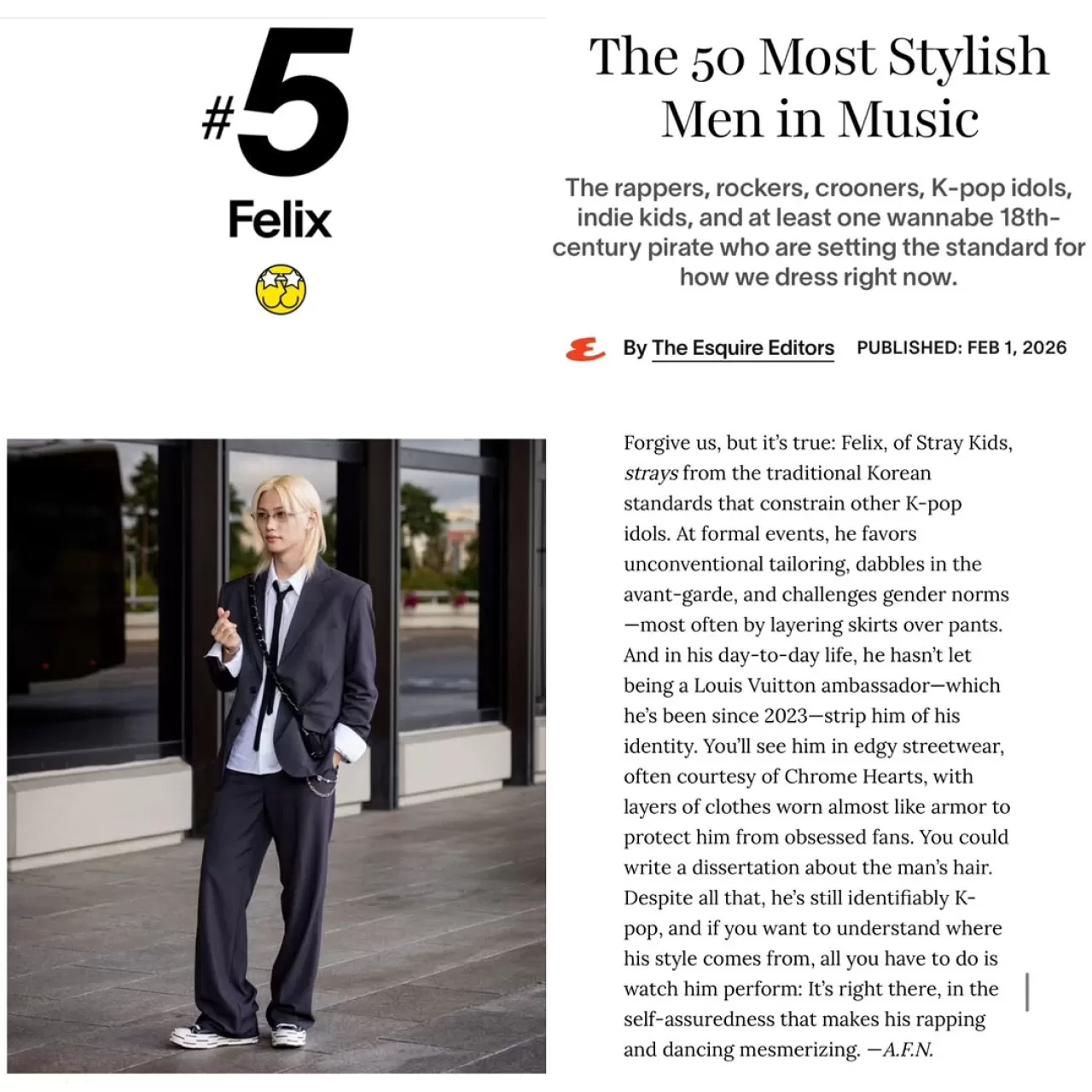 Stray Kids'tan Felix, ESQUIRE'un Müzik Dünyasının En Şık 50 Erkeği Listesinde İlk 10'da