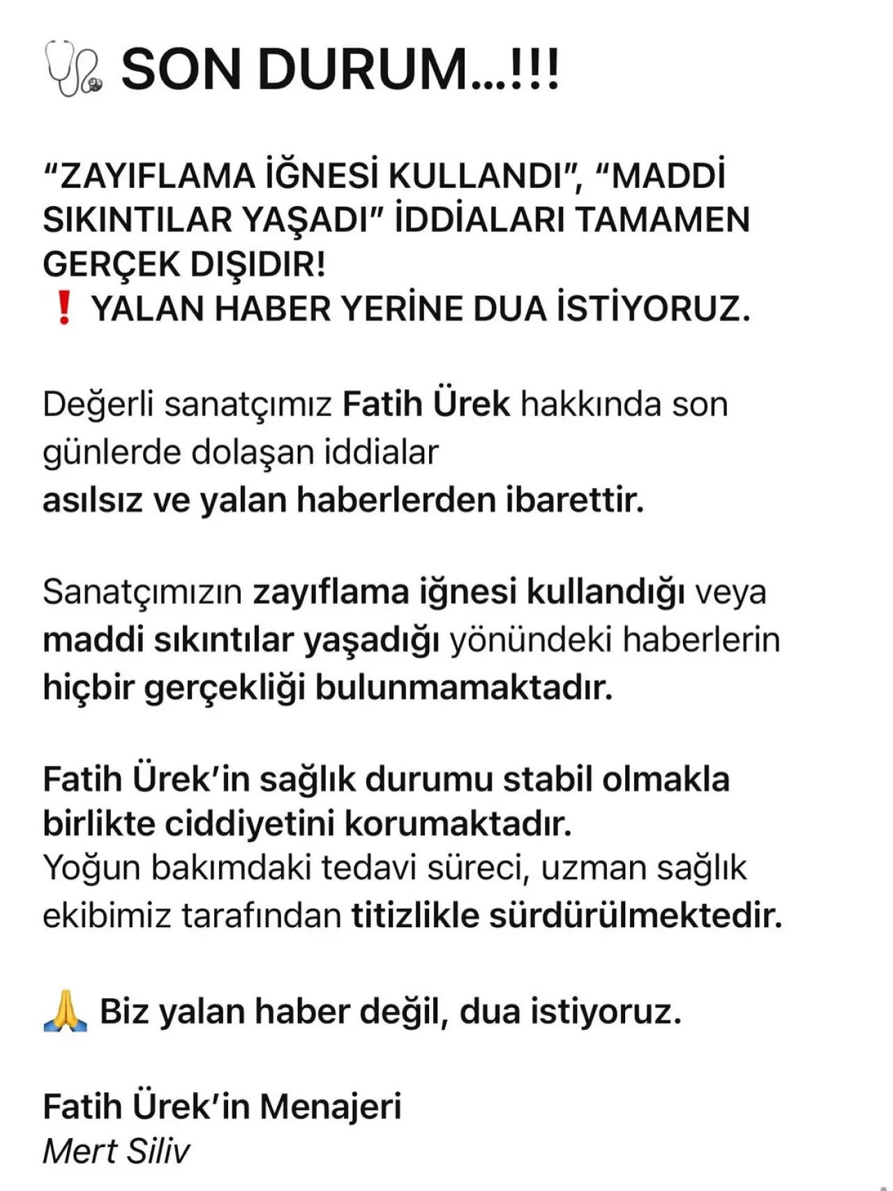 Fatih Ürek'in Menajerinden Açıklama: 'Zayıflama İğnesi ve Maddi Sıkıntı' İddiaları Reddedildi